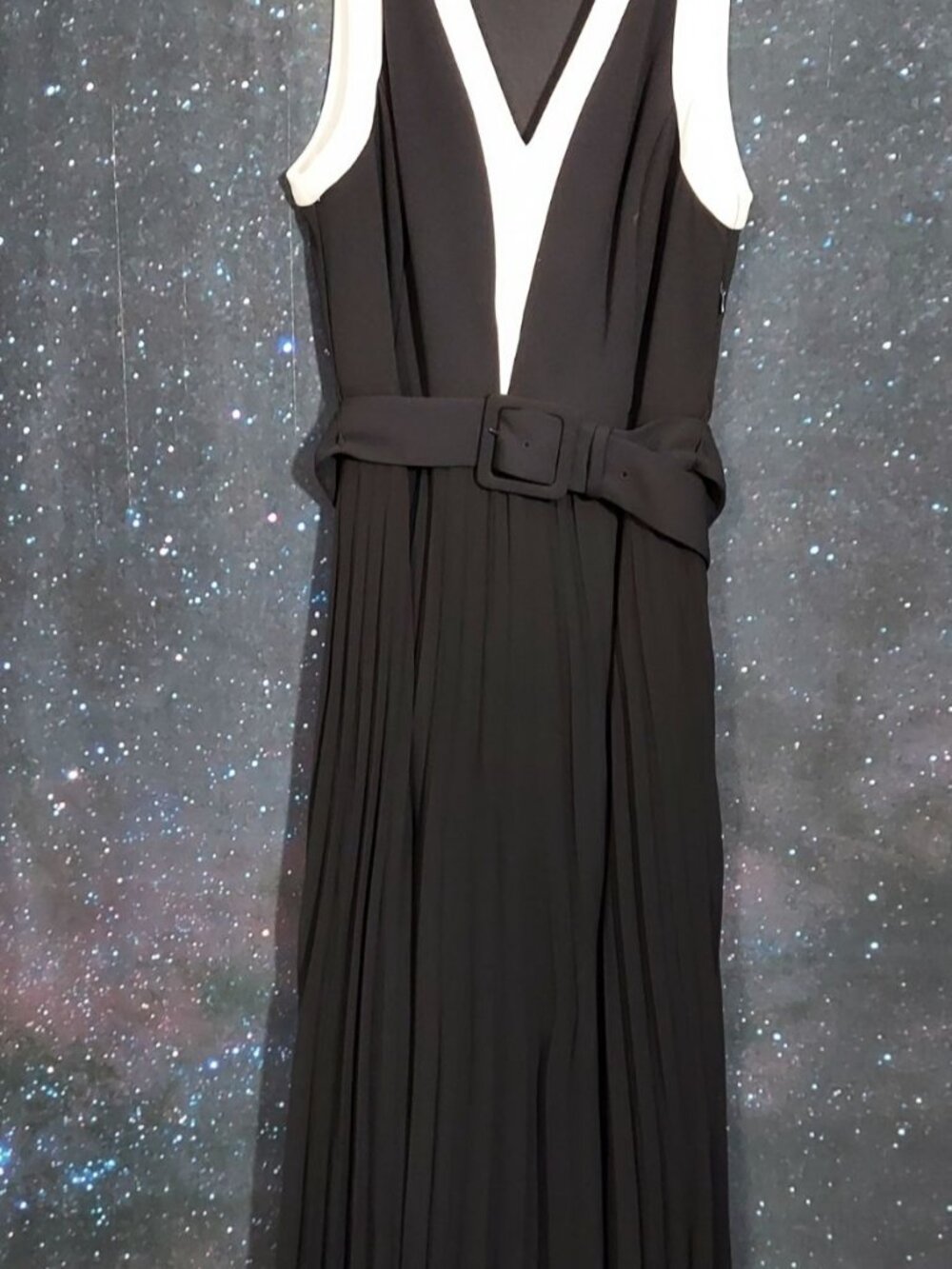 Karl Lagerfeld Paris Black Ivory Belted Pleated Colorblock Business Midi Dress - Picture 5 of 9